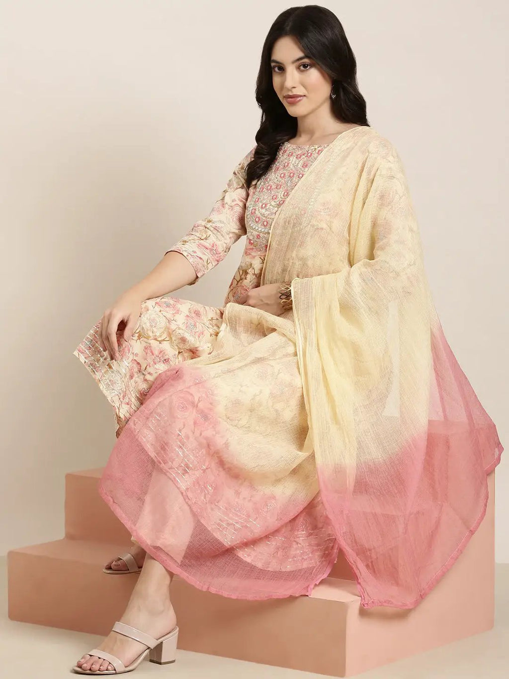 Women's Anarkali Cream Floral Kurta Sets with Trousers & Dupatta