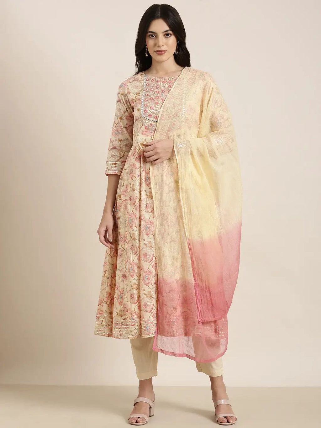 Women's Anarkali Cream Floral Kurta Sets with Trousers & Dupatta