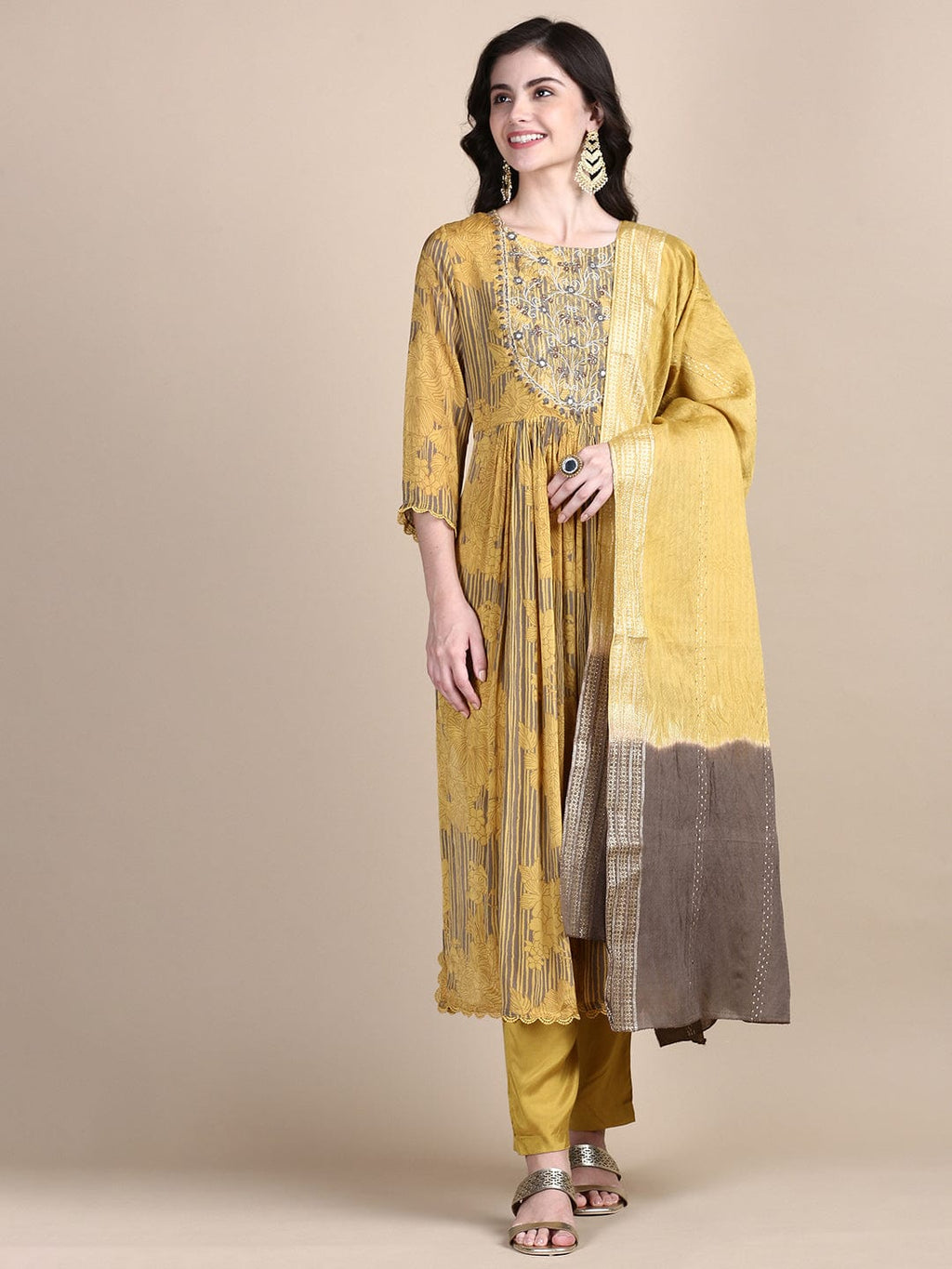 Women's Floral Mustard Straight Kurta Set with Dupatta