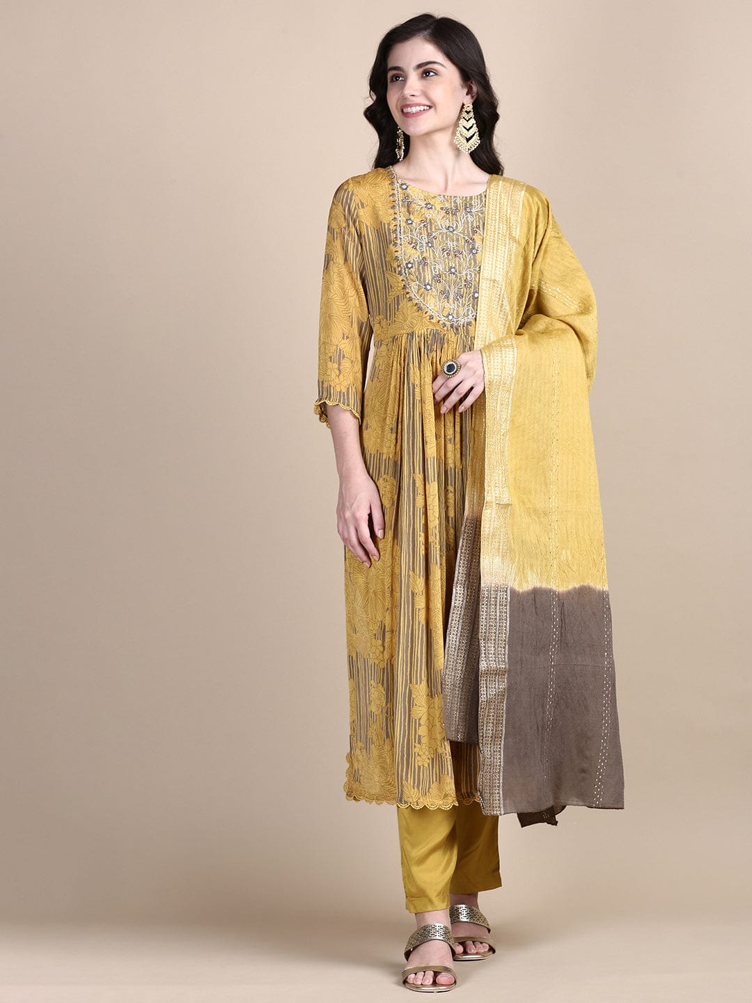 Women's Floral Mustard Straight Kurta Set with Dupatta