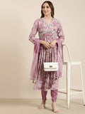 Women's Anarkali Lavender Floral Kurta Sets with Trousers & Dupatta
