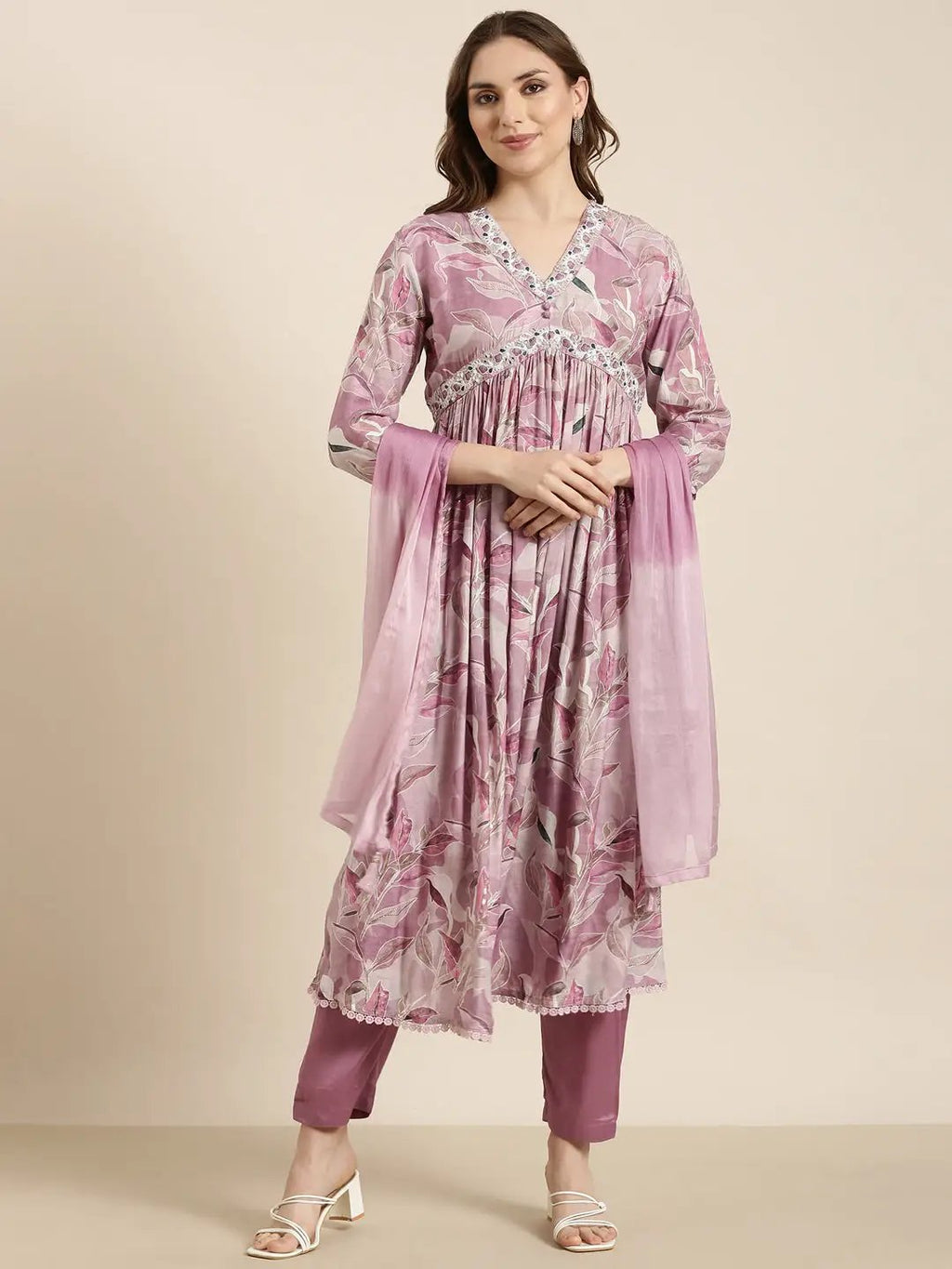 Women's Anarkali Lavender Floral Kurta Sets with Trousers & Dupatta