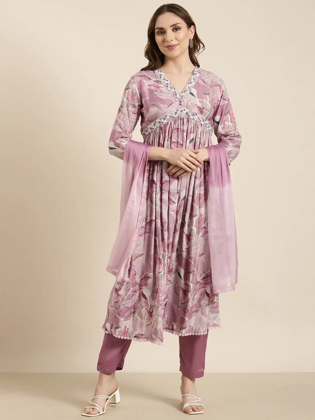 Women's Anarkali Lavender Floral Kurta Sets with Trousers & Dupatta