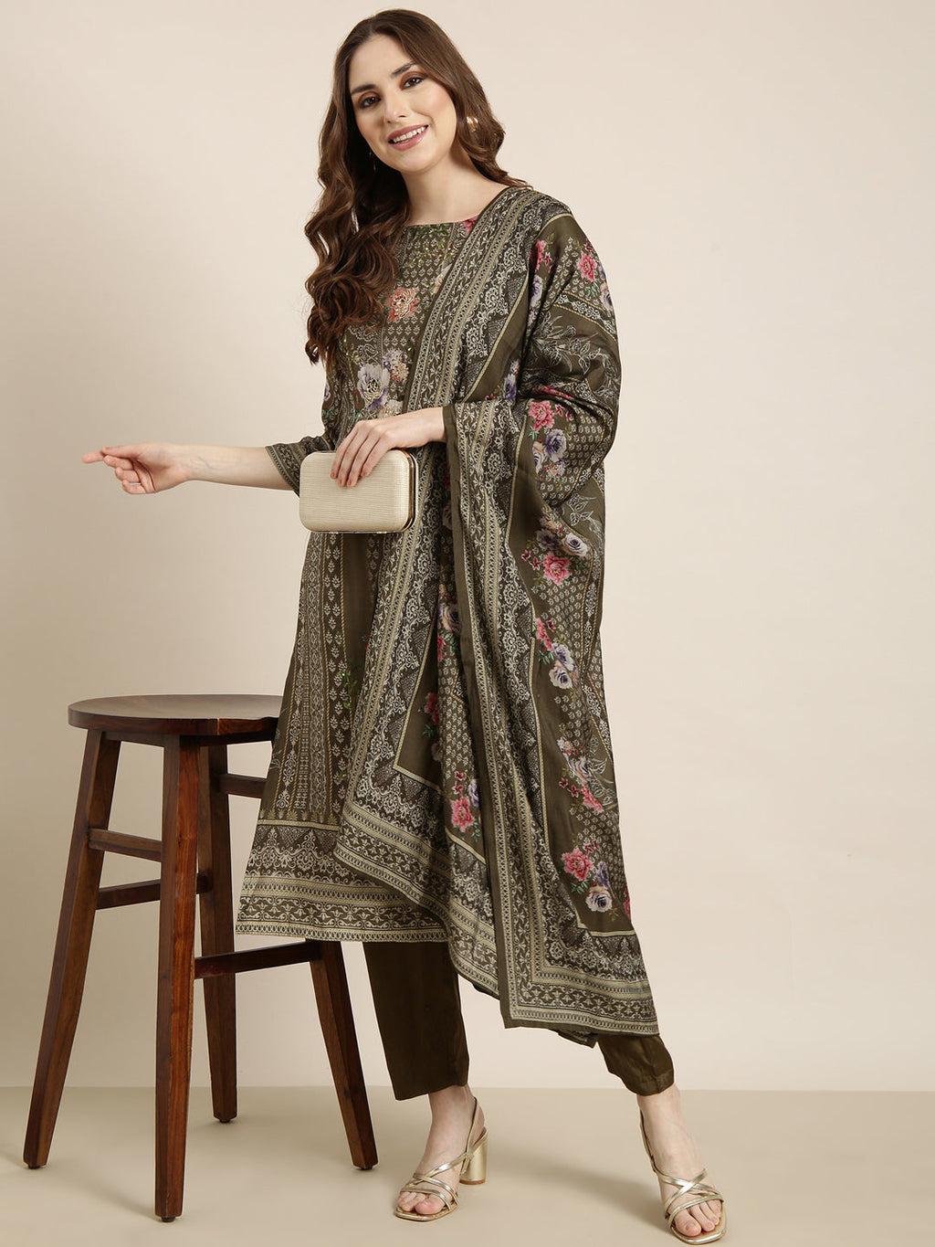 Women's Straight Olive Floral Kurta Sets with Trousers & Dupatta