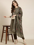 Women's Straight Olive Floral Kurta Sets with Trousers & Dupatta