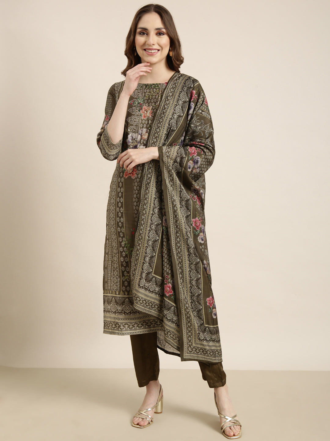 Women's Straight Olive Floral Kurta Sets with Trousers & Dupatta