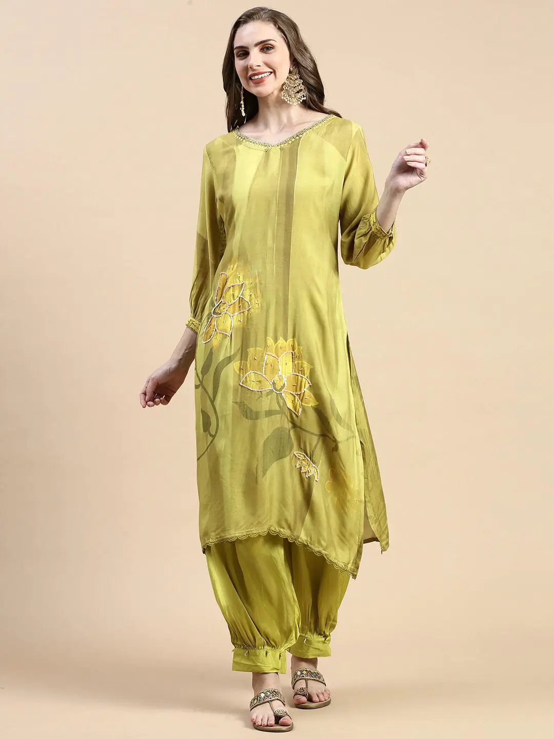Women's Ethnic Floral Green Silk Straight Kurta Set