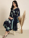 Women's Anarkali Navy Blue Floral Kurta Sets with Trousers & Dupatta