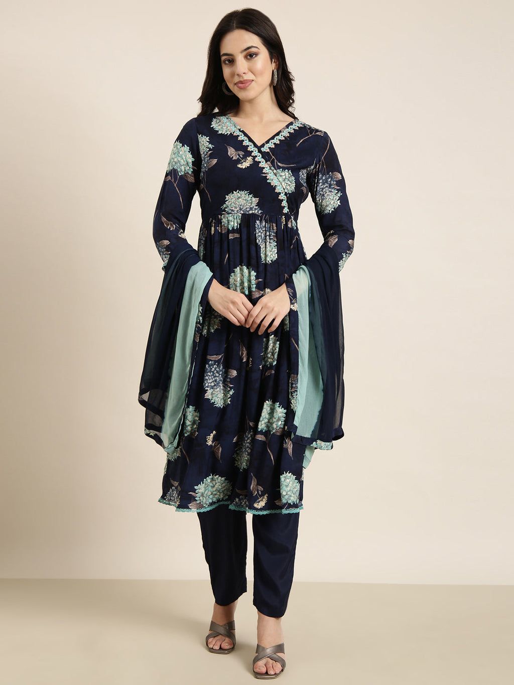 Women's Anarkali Navy Blue Floral Kurta Sets with Trousers & Dupatta