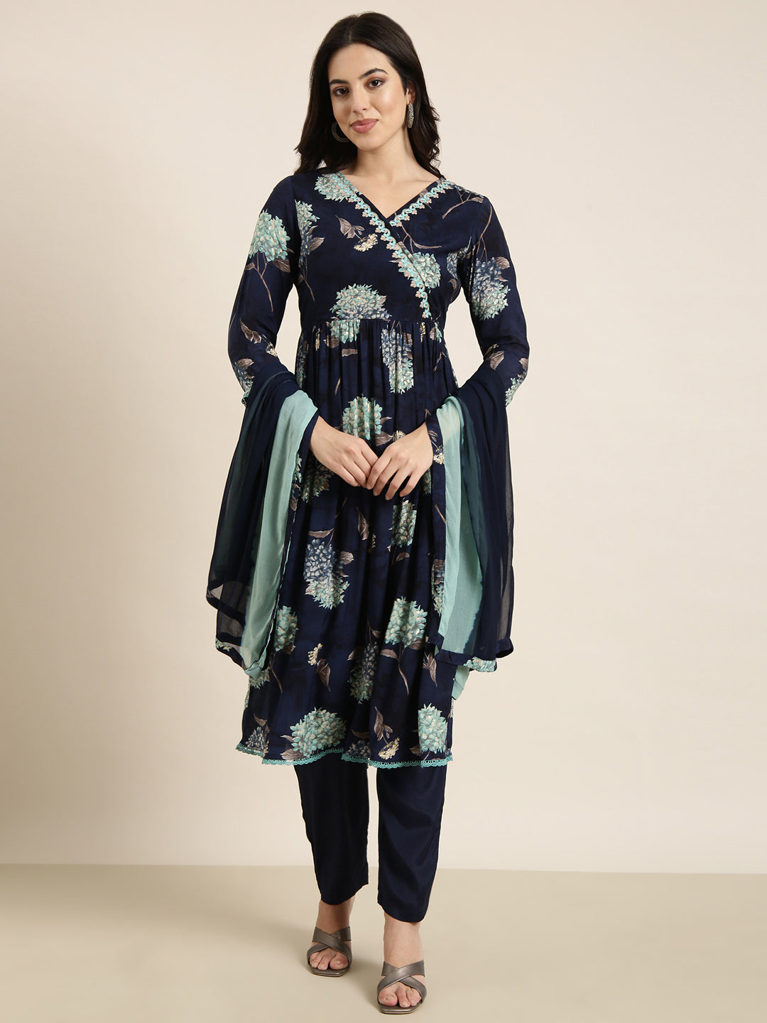 Women's Anarkali Navy Blue Floral Kurta Sets with Trousers & Dupatta