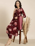 Women's Anarkali Maroon Floral Kurta Sets with Trousers & Dupatta