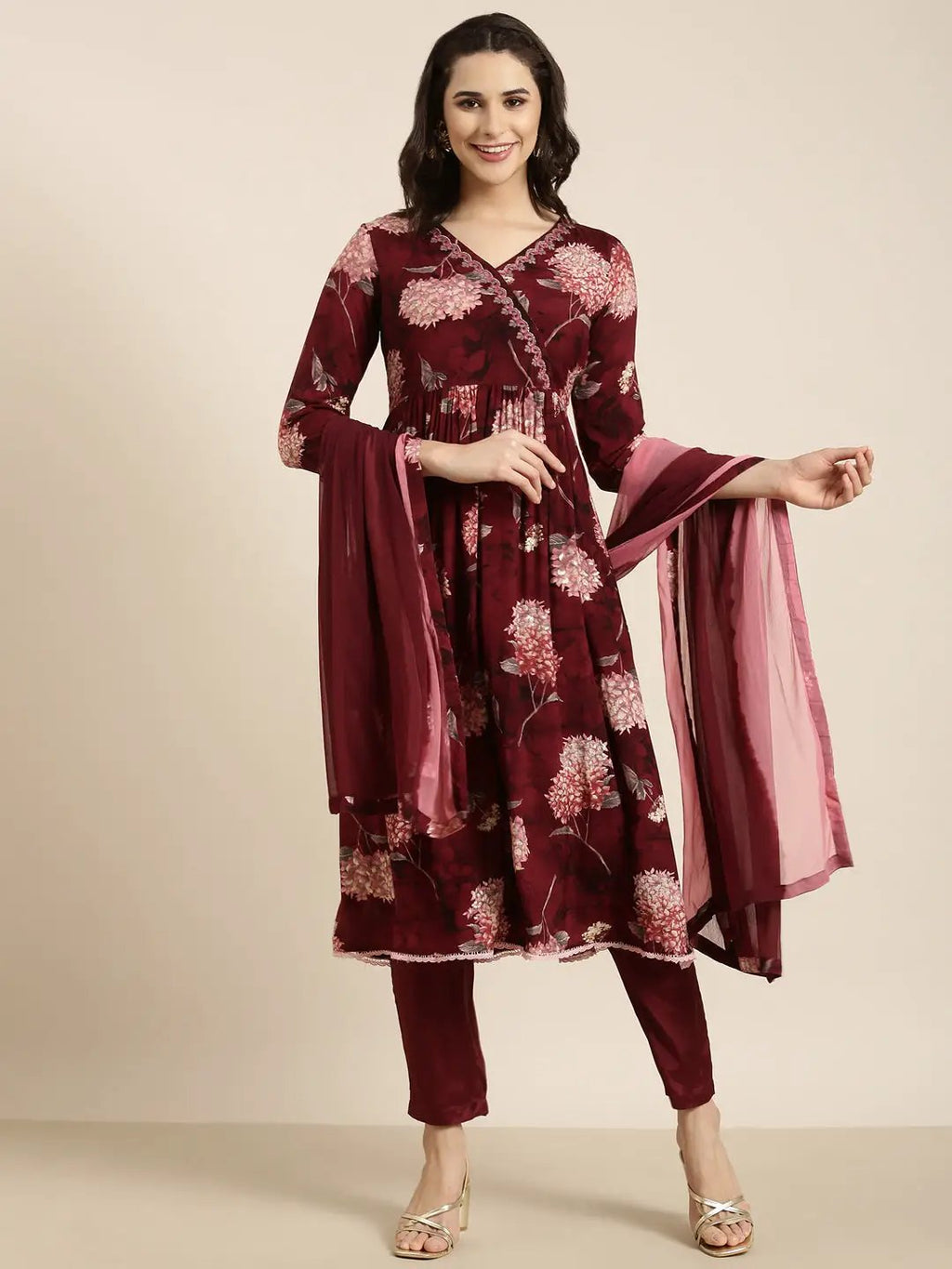 Women's Anarkali Maroon Floral Kurta Sets with Trousers & Dupatta