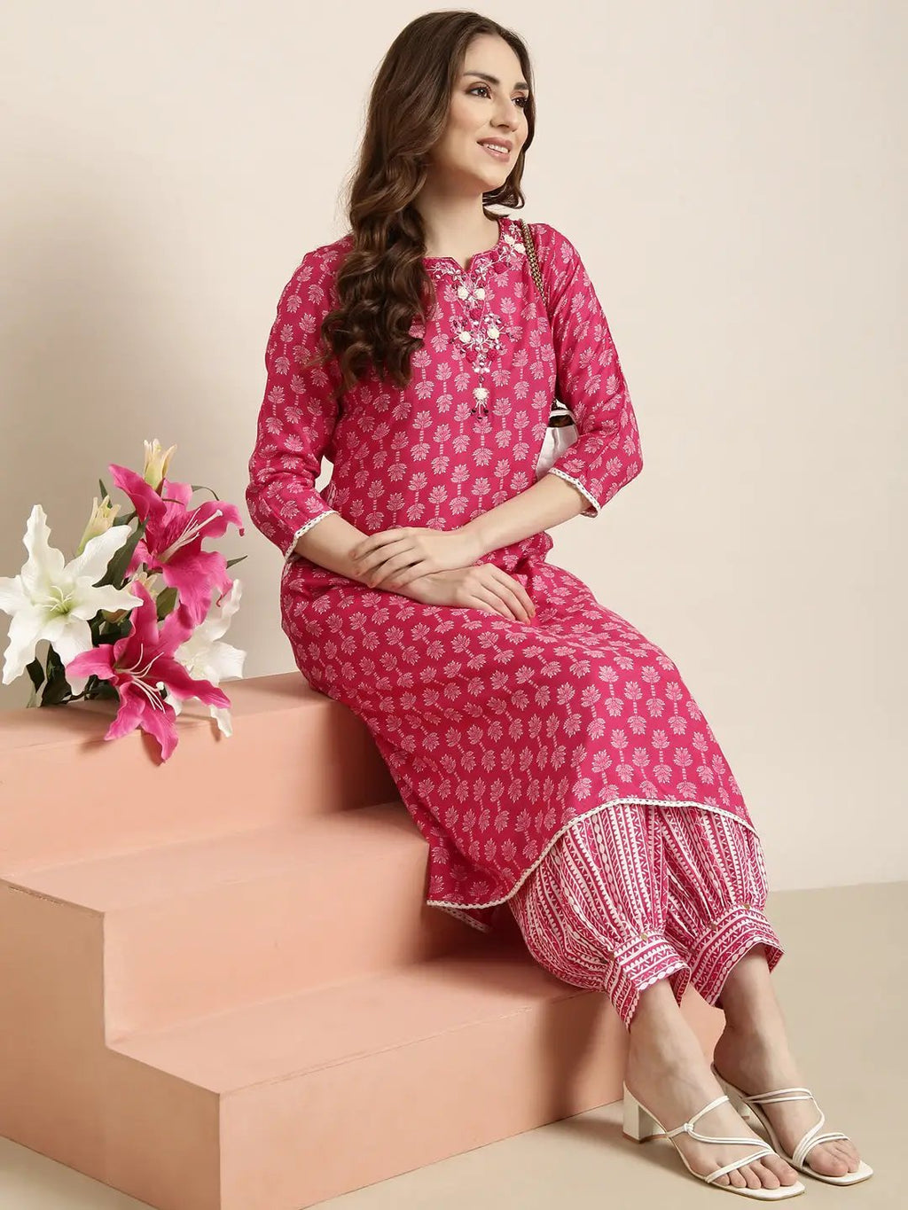 Women's A-Line Pink Ethnic Motifs Kurta Sets With Patiala
