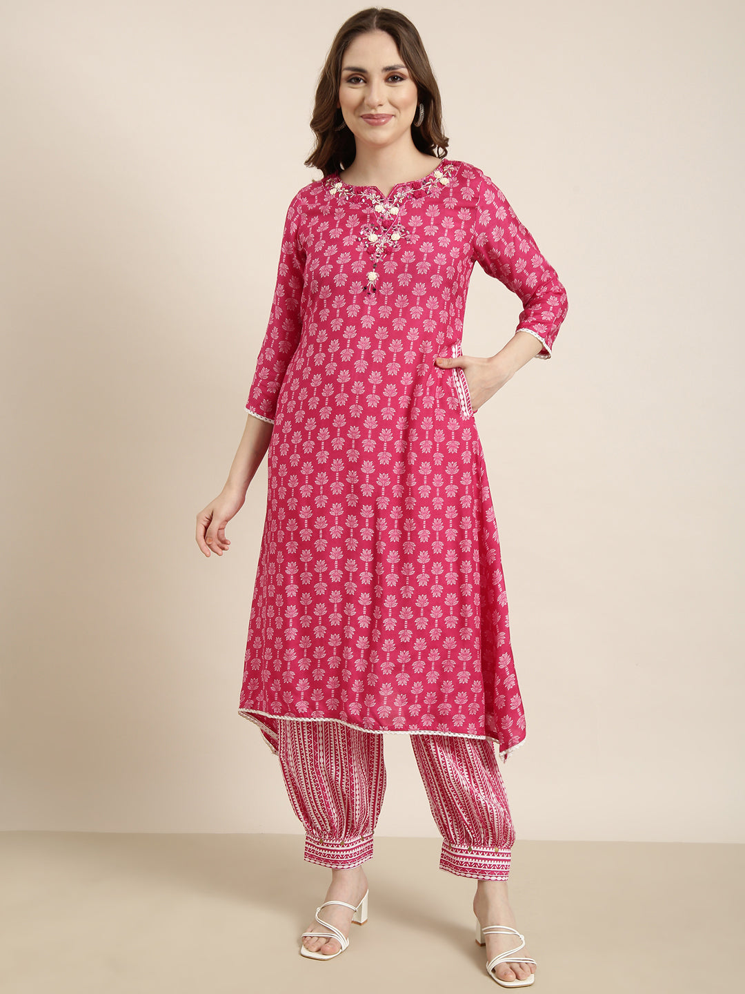 Women's A-Line Pink Ethnic Motifs Kurta Sets With Patiala