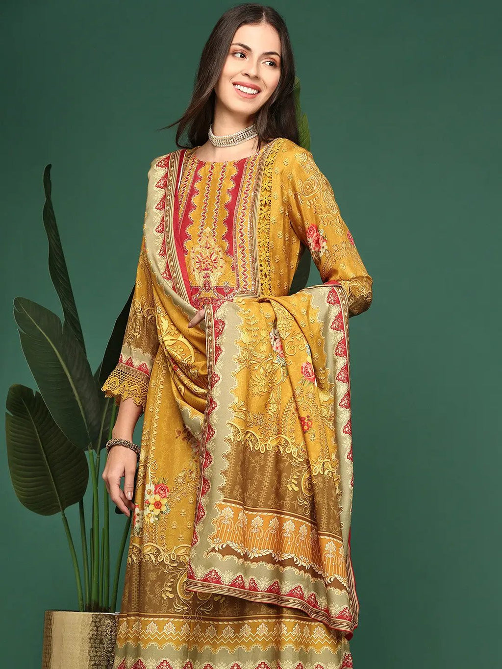 Women's Floral Printed Mustard Anarkali Kurta Set with Dupatta