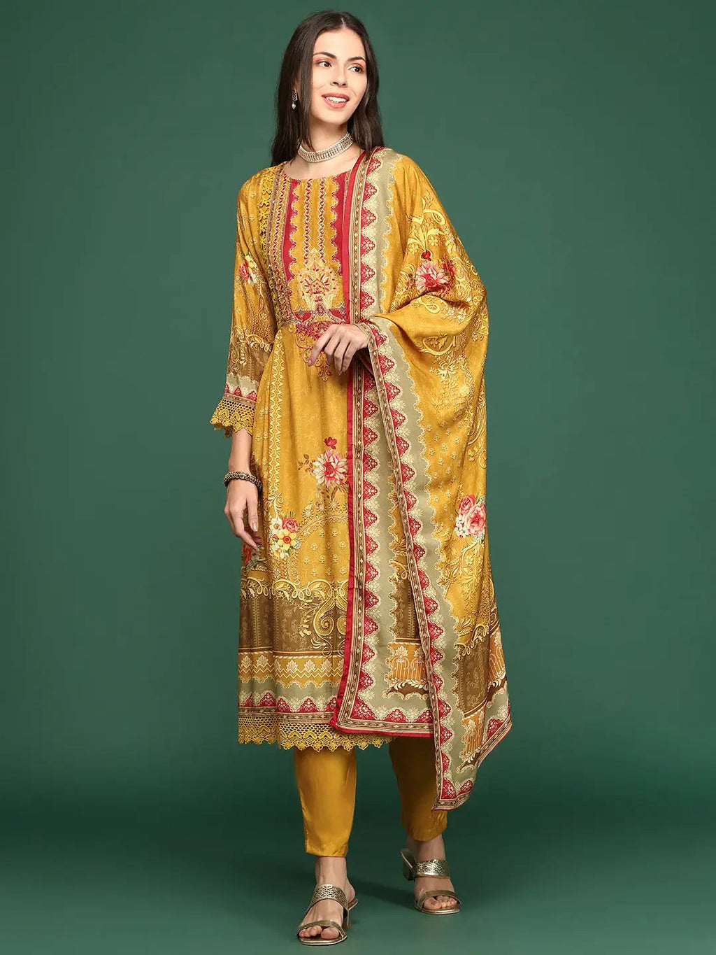 Women's Floral Printed Mustard Anarkali Kurta Set with Dupatta