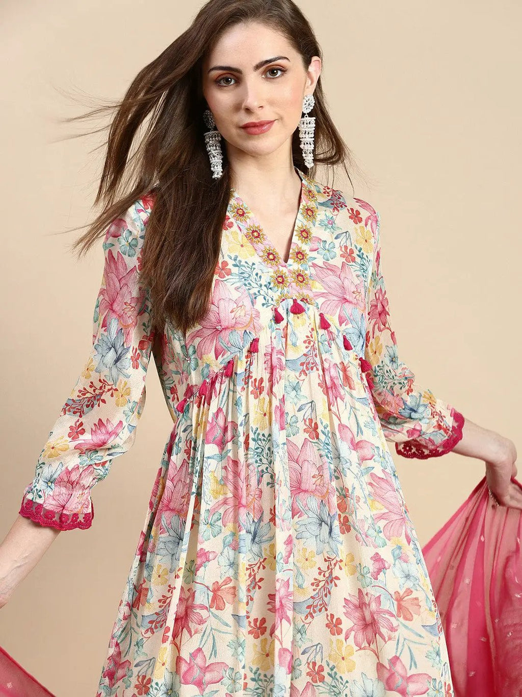 Women's Cream Floral Anarkali Kurta Set with Dupatta