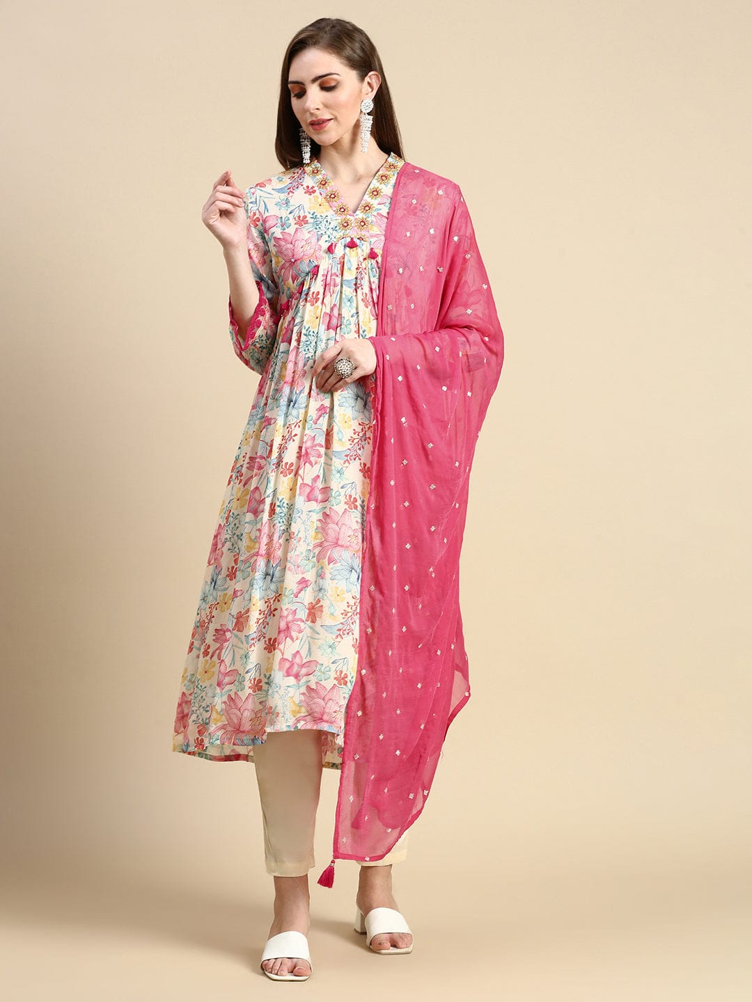 Women's Cream Floral Anarkali Kurta Set with Dupatta