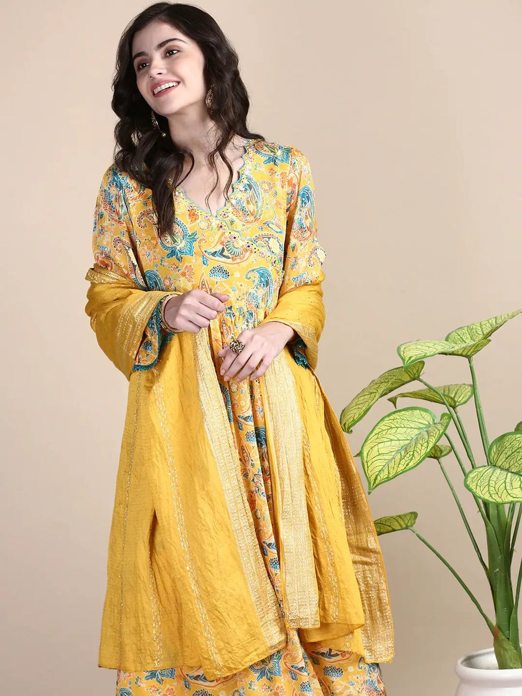 Women's Yellow Paisley Anarkali Kurta Set with Dupatta