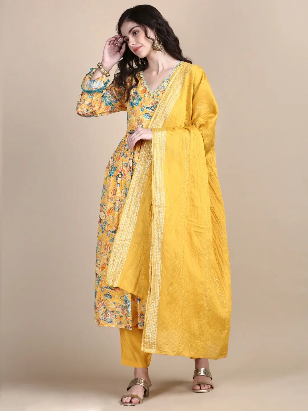 Women's Yellow Paisley Anarkali Kurta Set with Dupatta