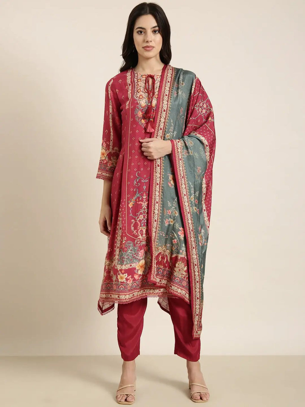 Women's Straight Pink Floral Kurta Sets with Trousers & Dupatta