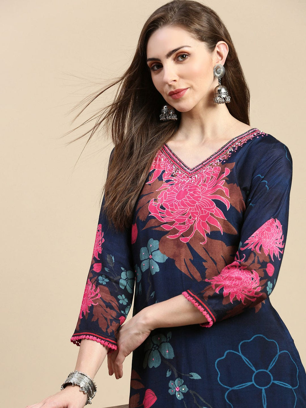 Women's Floral Navy Blue A-Line Kurta Set