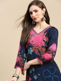 Women's Floral Navy Blue A-Line Kurta Set