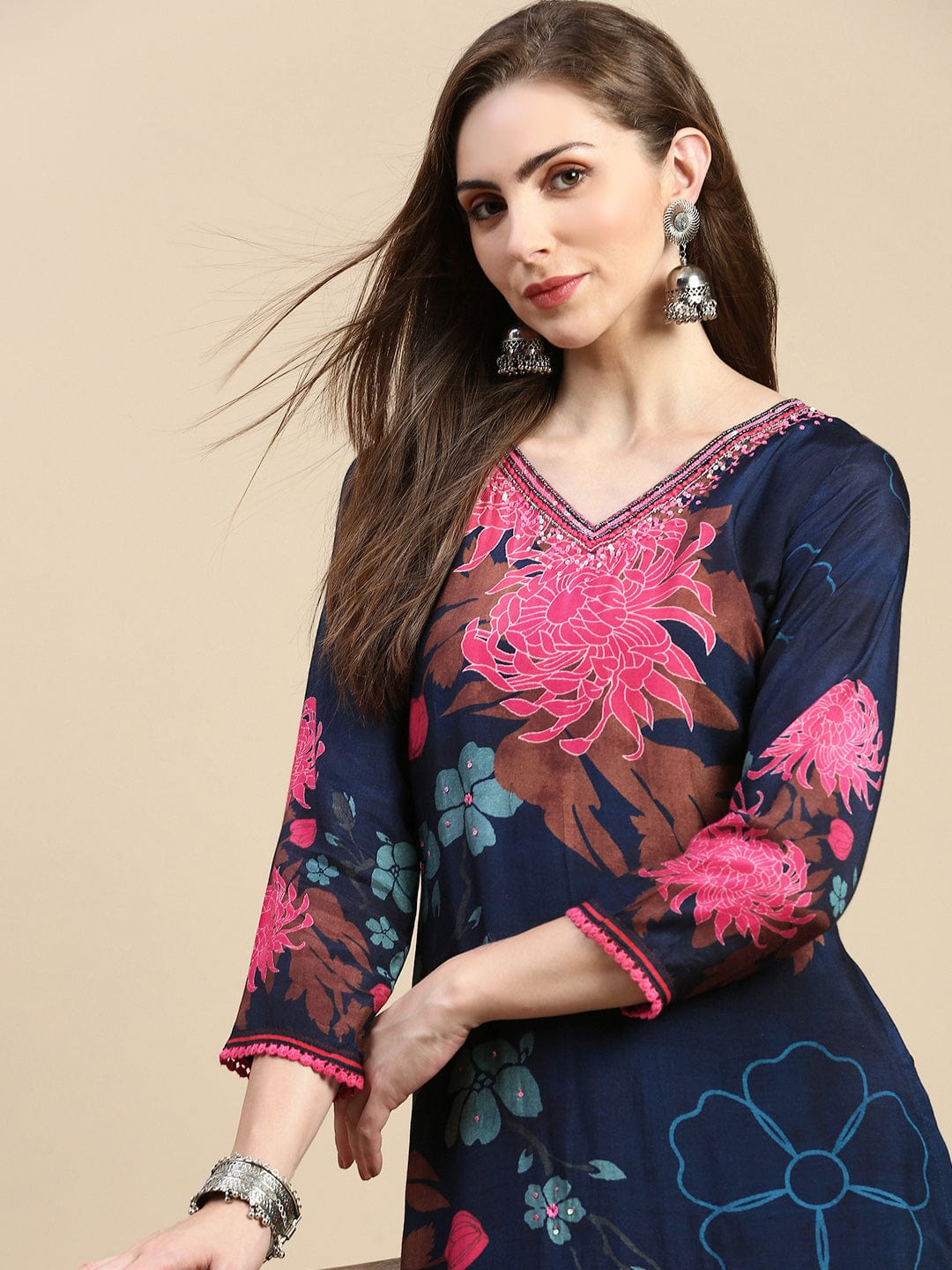 Women's Floral Navy Blue A-Line Kurta Set