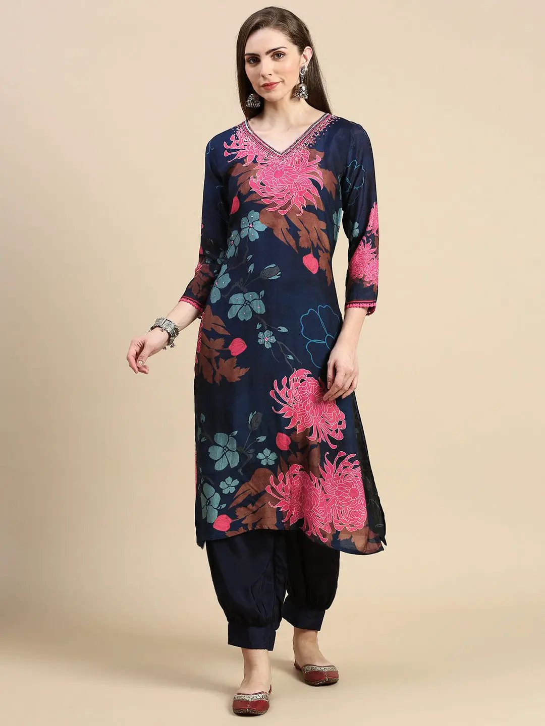 Women's Floral Navy Blue A-Line Kurta Set