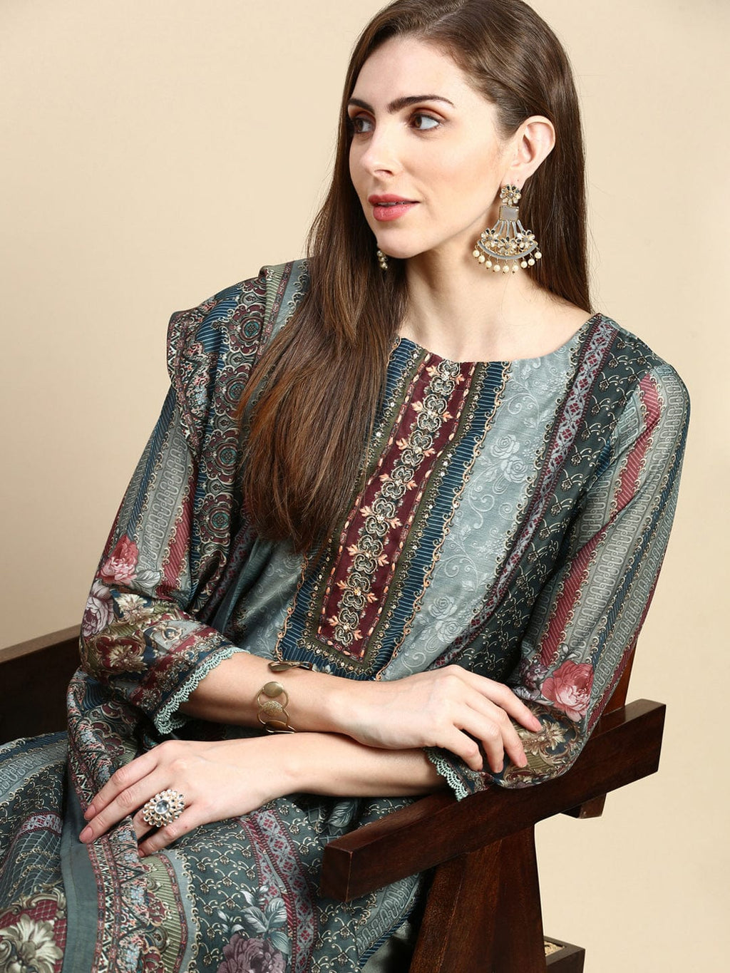 Women's Floral Olive Straight Kurta Set with Dupatta