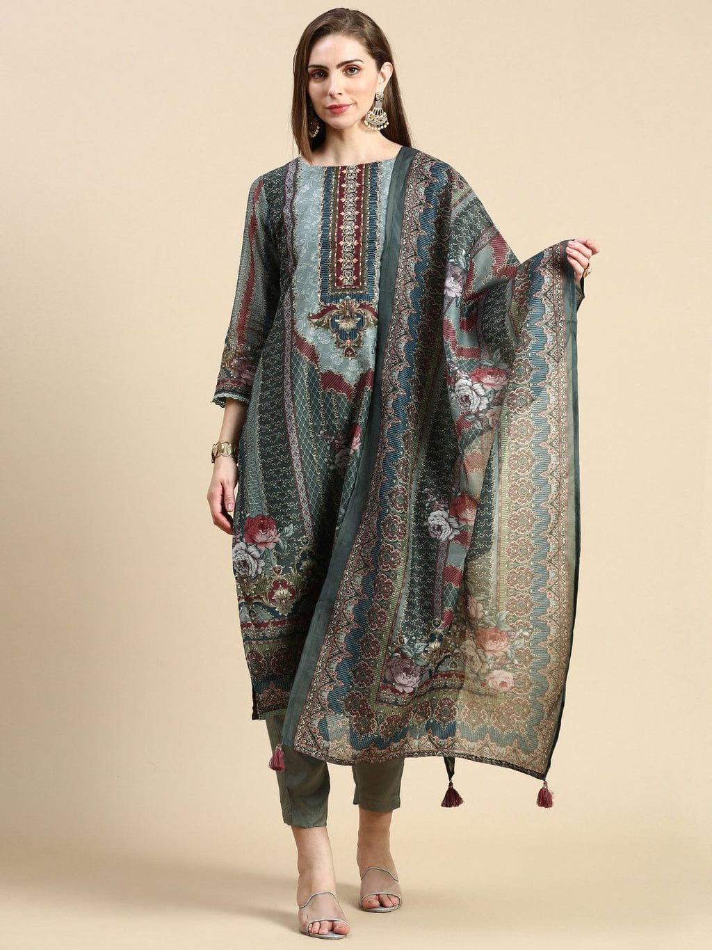 Women's Floral Olive Straight Kurta Set with Dupatta