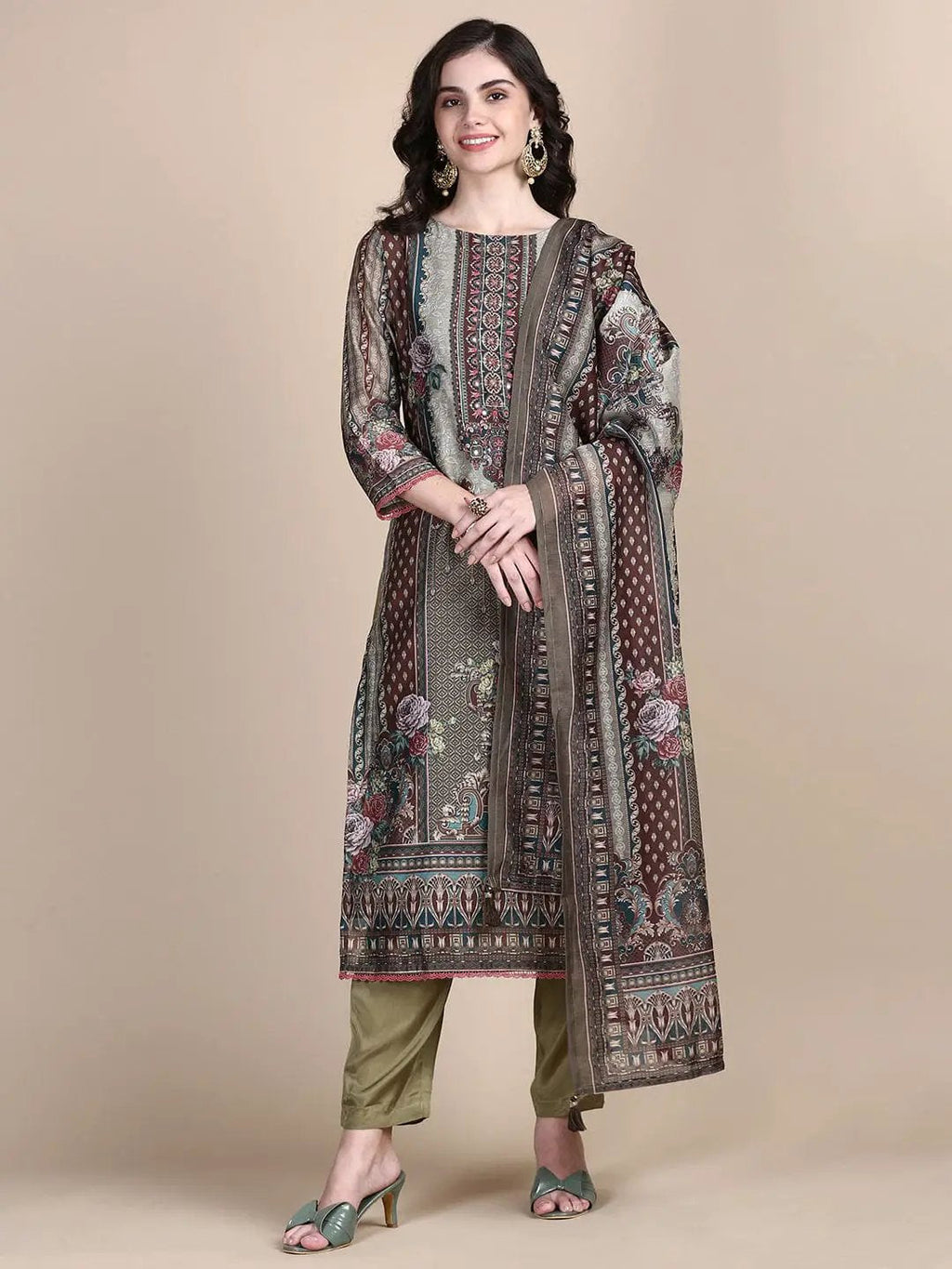 Women's Floral Green Printed Straight Kurta Set with Dupatta