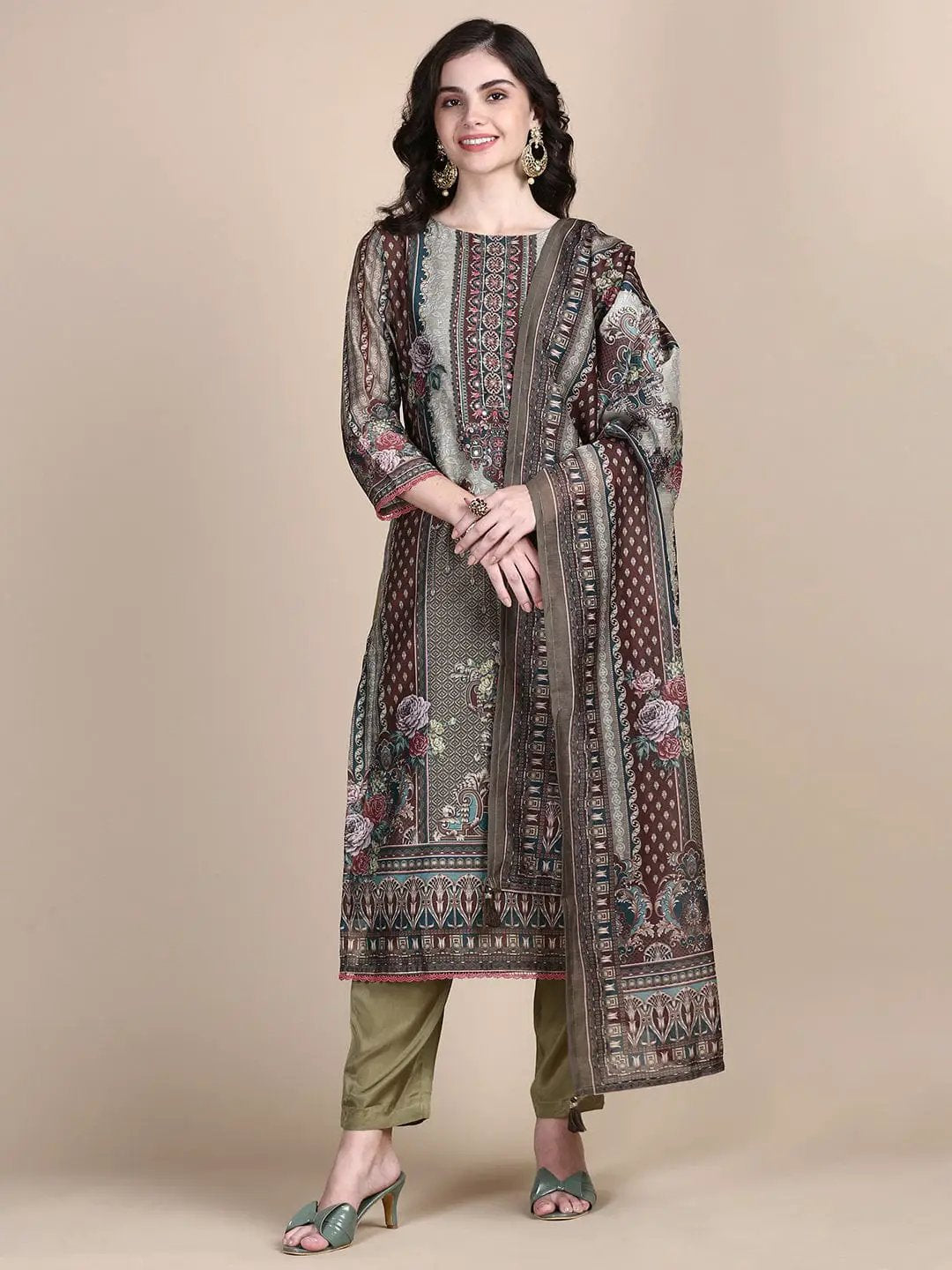 Women's Floral Green Printed Straight Kurta Set with Dupatta
