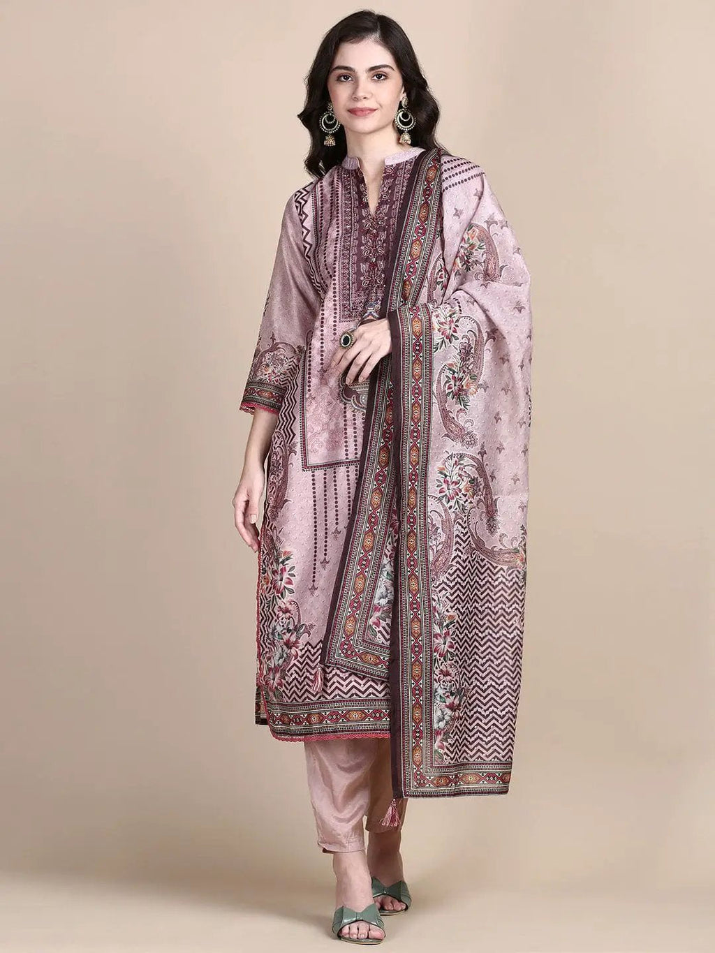 Women's Ethnic Motifs Peach Straight Kurta Set with Dupatta