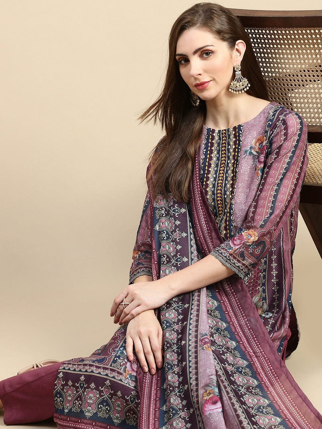 Women's Brown Floral Straight Kurta Set with Dupatta