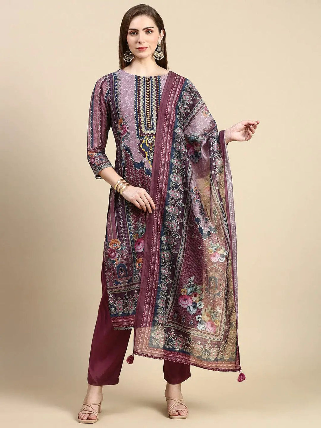 Women's Brown Floral Straight Kurta Set with Dupatta
