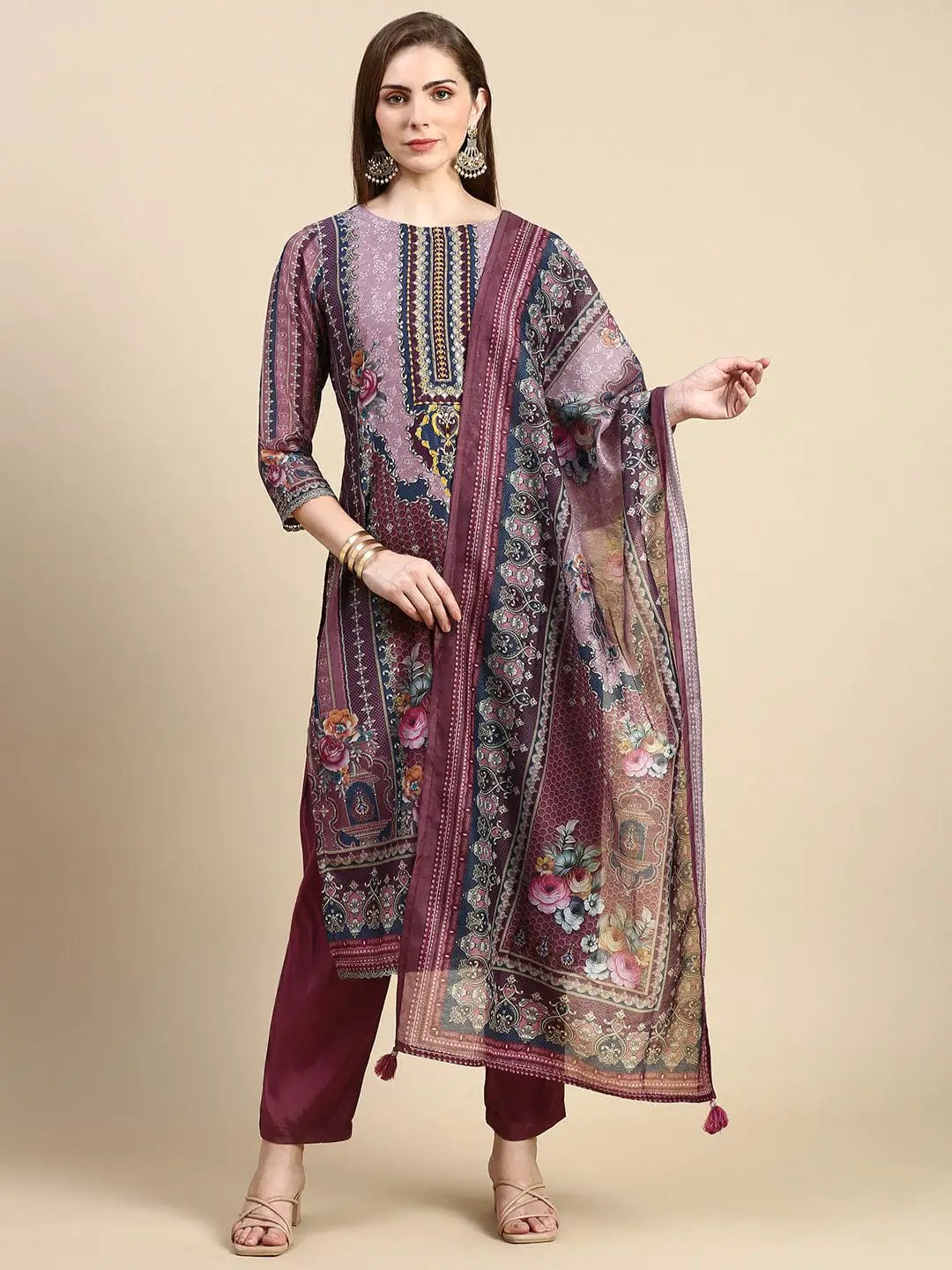Women's Brown Floral Straight Kurta Set with Dupatta