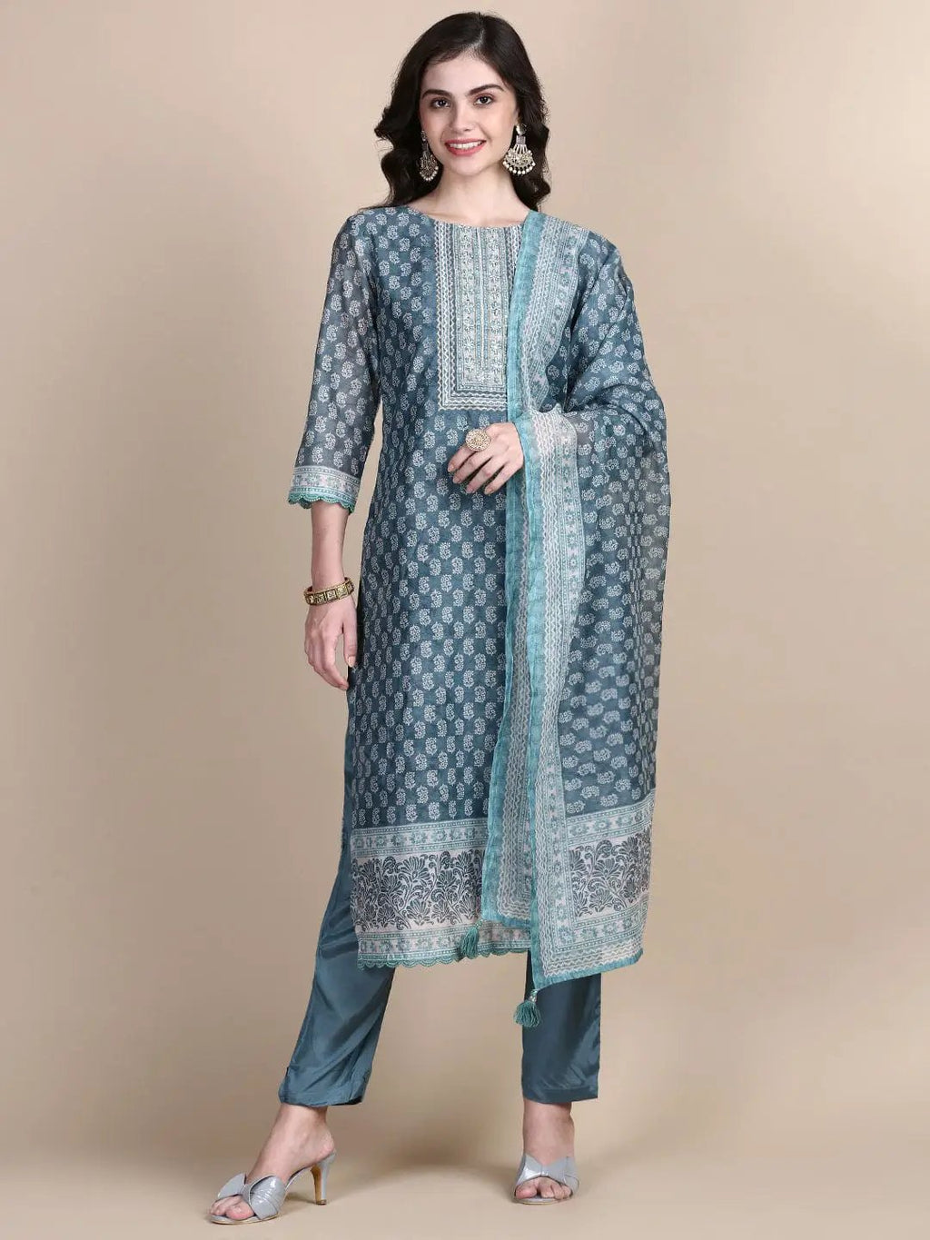 Women's Ethnic Motifs Teal Straight Kurta Set with Dupatta
