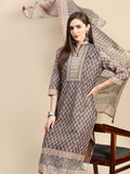 Women's Ethnic Motifs Brown Straight Kurta Set with Dupatta