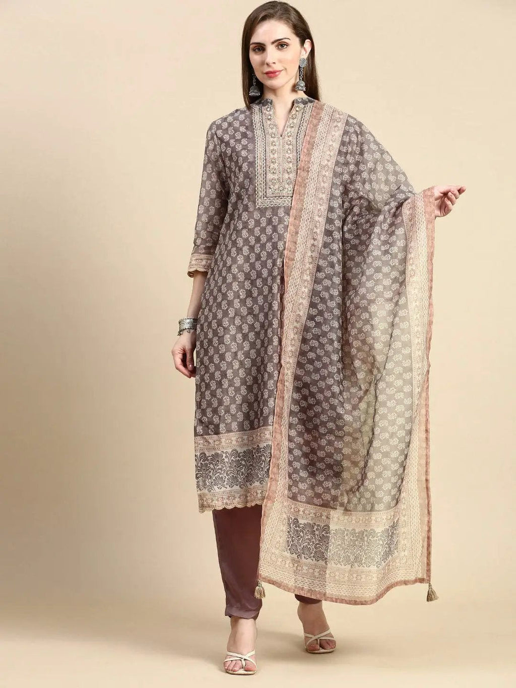 Women's Ethnic Motifs Brown Straight Kurta Set with Dupatta