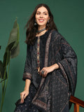 Women's Graphic Charcoal Straight Kurta Set with Dupatta