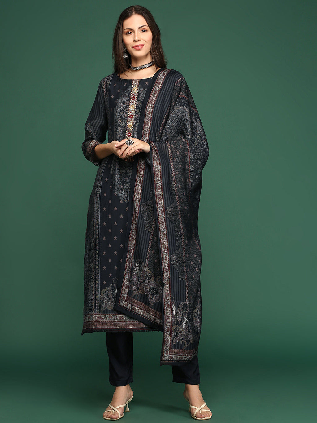 Women's Graphic Charcoal Straight Kurta Set with Dupatta