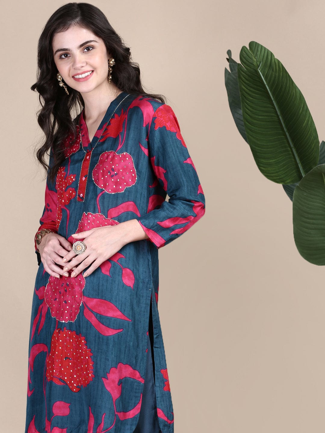 Women's Ethnic Floral Teal Straight Kurta Set