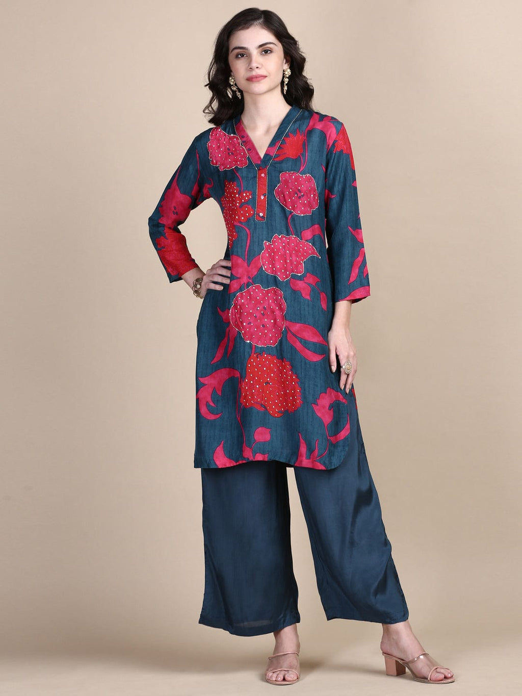 Women's Ethnic Floral Teal Straight Kurta Set