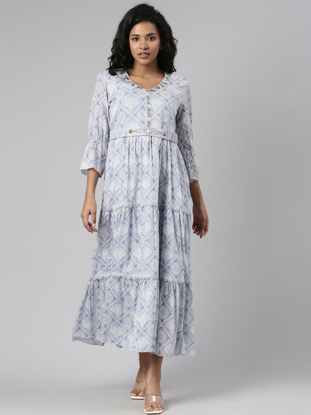 Women's Grey Ethnic Motifs Print Cotton Empire Kurta