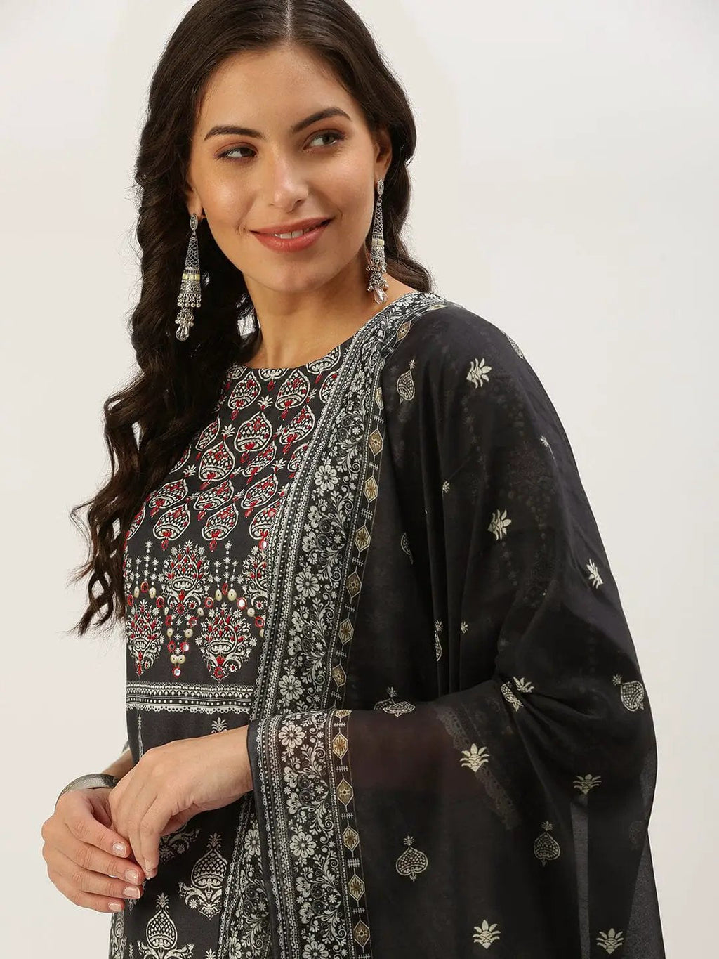 Women's Straight Grey Printed Kurta Sets With Trousers
