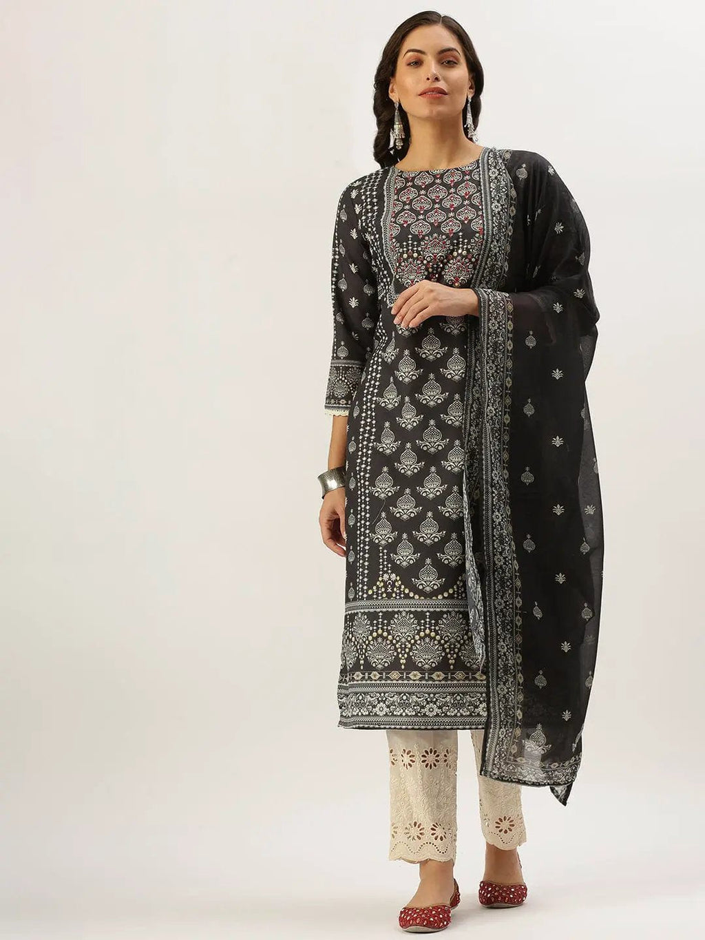 Women's Straight Grey Printed Kurta Sets With Trousers