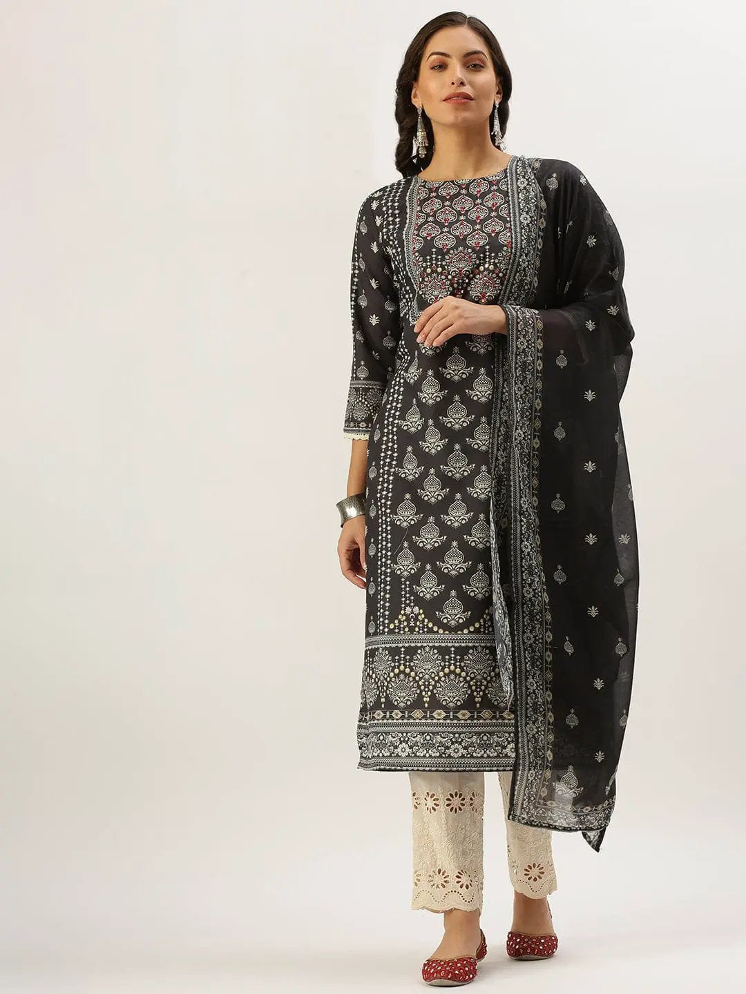 Women's Straight Grey Printed Kurta Sets With Trousers
