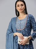 Women's A-Line Blue Printed Kurta Sets with Sharara & Dupatta