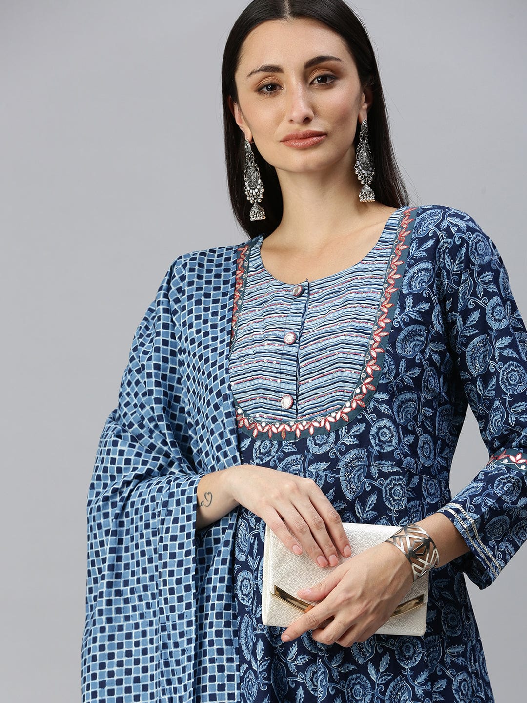 Women's A-Line Blue Printed Kurta Sets with Sharara & Dupatta